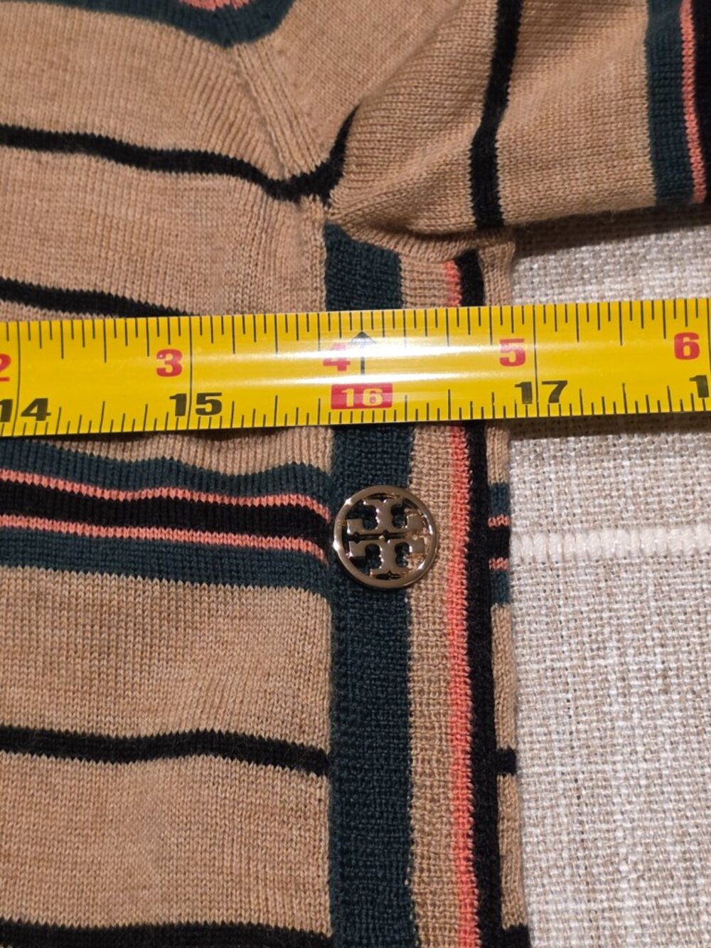 Tory Burch Madeline 100% Merino Wool Striped Sweater Gold Button Accent S - Picture 9 of 10